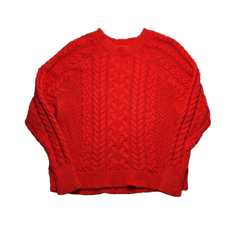 Aerie Cable Knit Sweater Womens S Red Crewneck Raglan Chunky Cottagecore Cozy